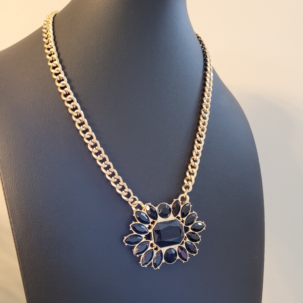 Black Crystal Pendant Gold-tone Statement Necklace - Picture 6 of 6